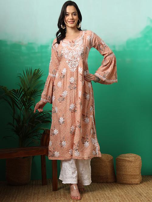 women printed bell sleeve a-line chikankari kurta - 21636951 -  Standard Image - 0