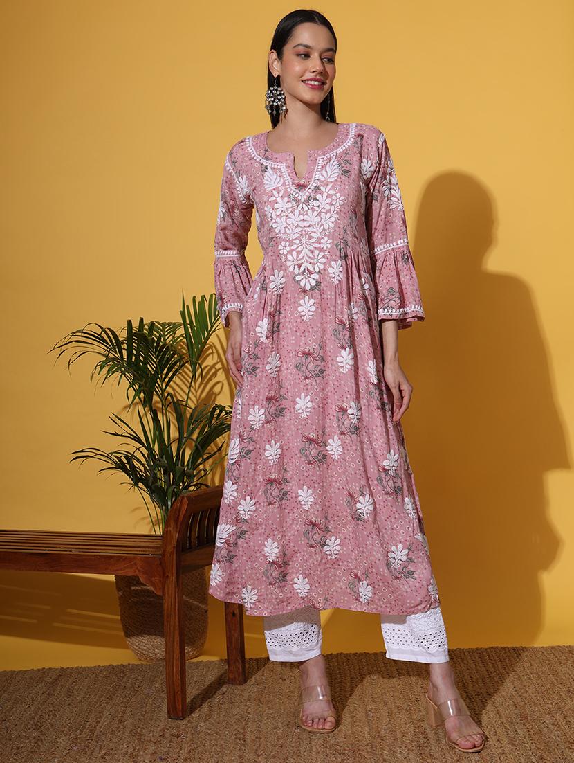 women printed bell sleeve a-line chikankari kurta - 21636952 - Zoom Image - 0