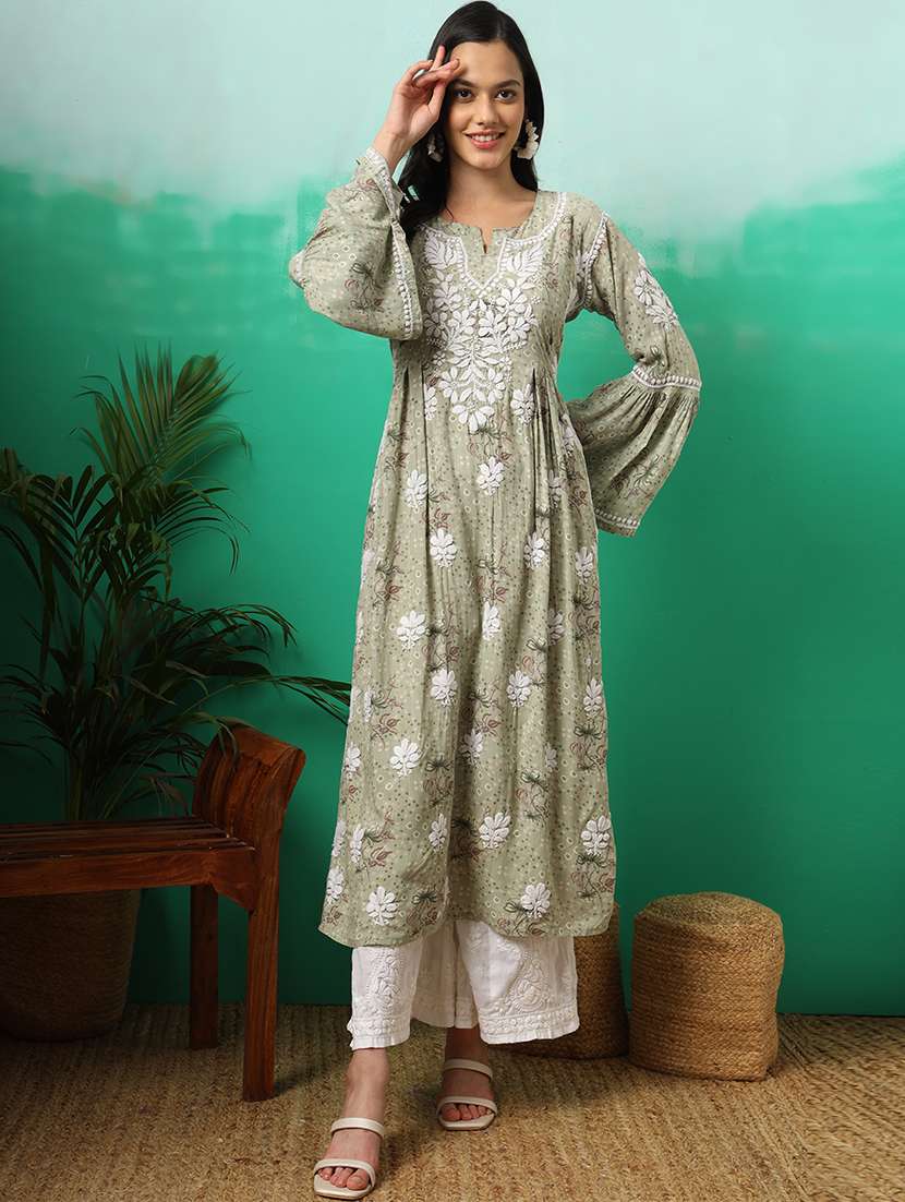 women printed bell sleeve a-line chikankari kurta