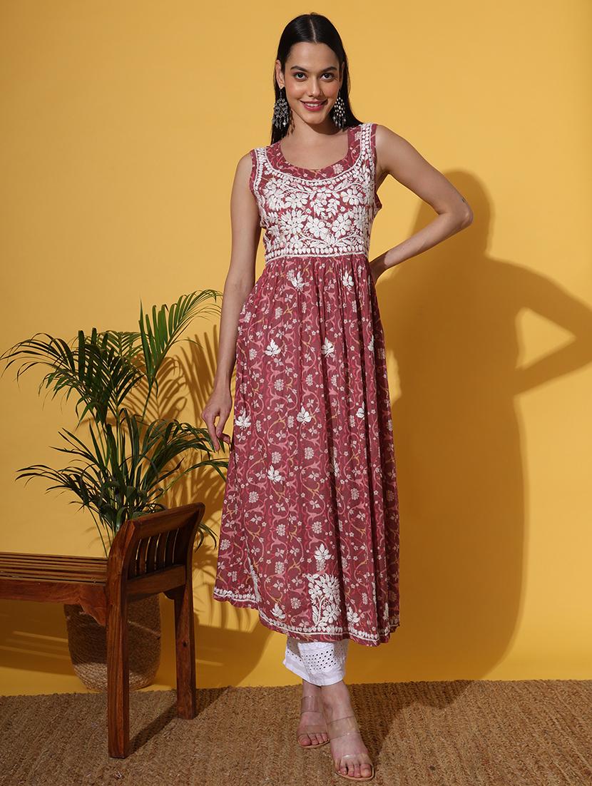 women floral sleeveless flared chikankari kurta - 21636954 -  Zoom Image - 0