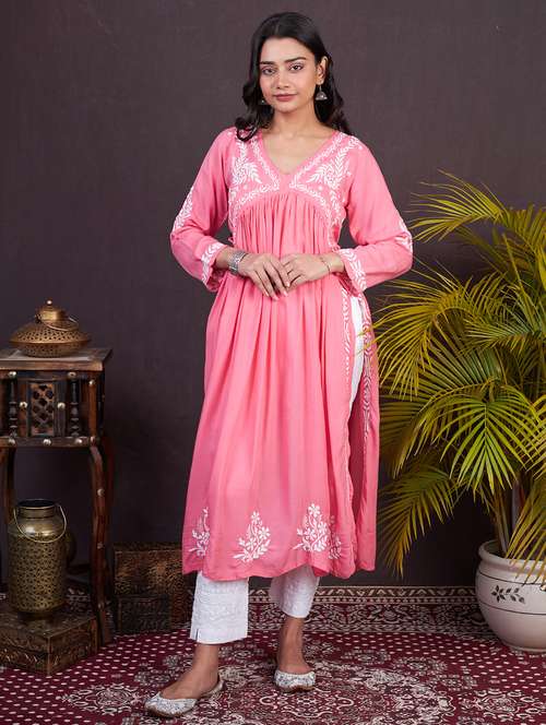 women three quarter sleeve a-line chikankari kurta - 21636958 - Standard Image - 0