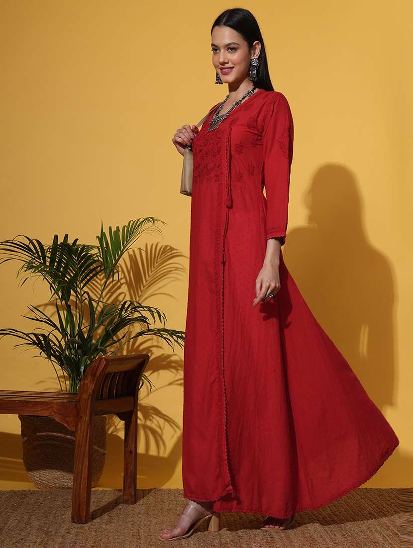 Women Red Long Sleeve Angrakha Chikankari Kurta
