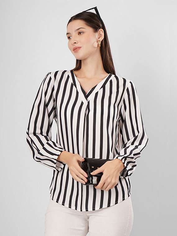 women v-neck striped regular top
