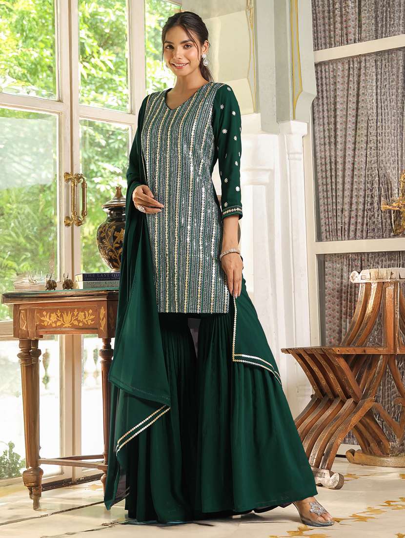 women bottle green embroidered kurta sharara set