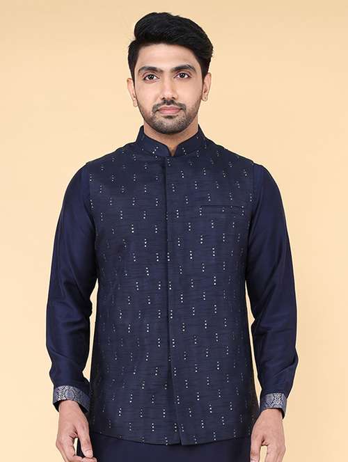 men mandarin neck embroidered nehru jacket - 21638279 - Standard Image - 0