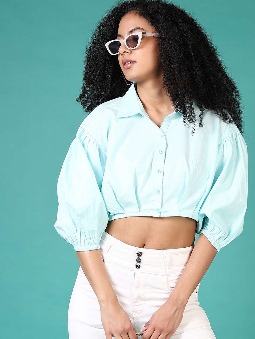 women solid puff sleeve crop top - 21638368 -  Standard Image - 1