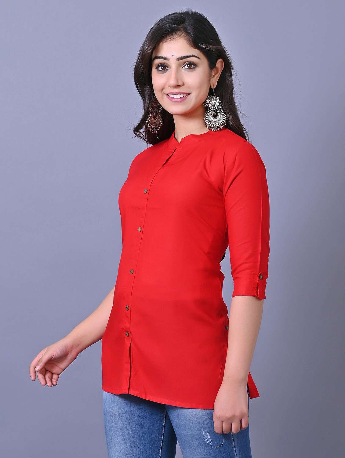 women solid three quarter sleeve side slit tunic - 21638485 - Standard Image - 1