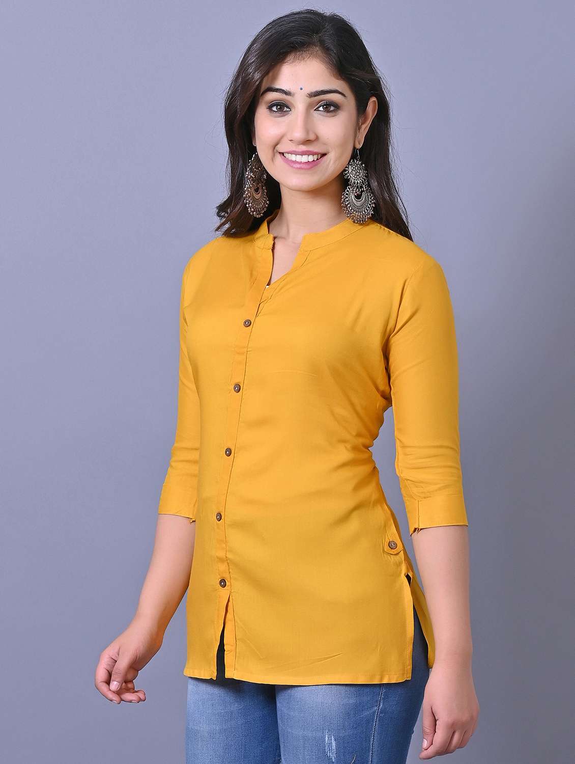 women solid three quarter sleeve side slit tunic - 21638490 -  Standard Image - 1