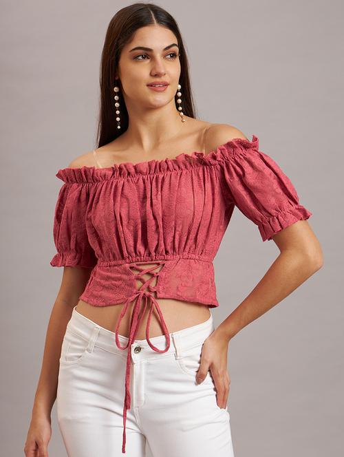 women self design off shoulder crop top - 21638532 -  Standard Image - 0