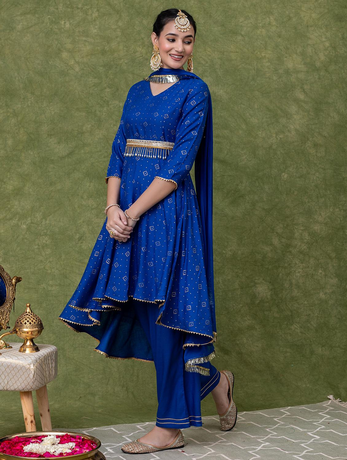 women blue printed three quarter sleeve suit set - 21638548 -  Standard Image - 1