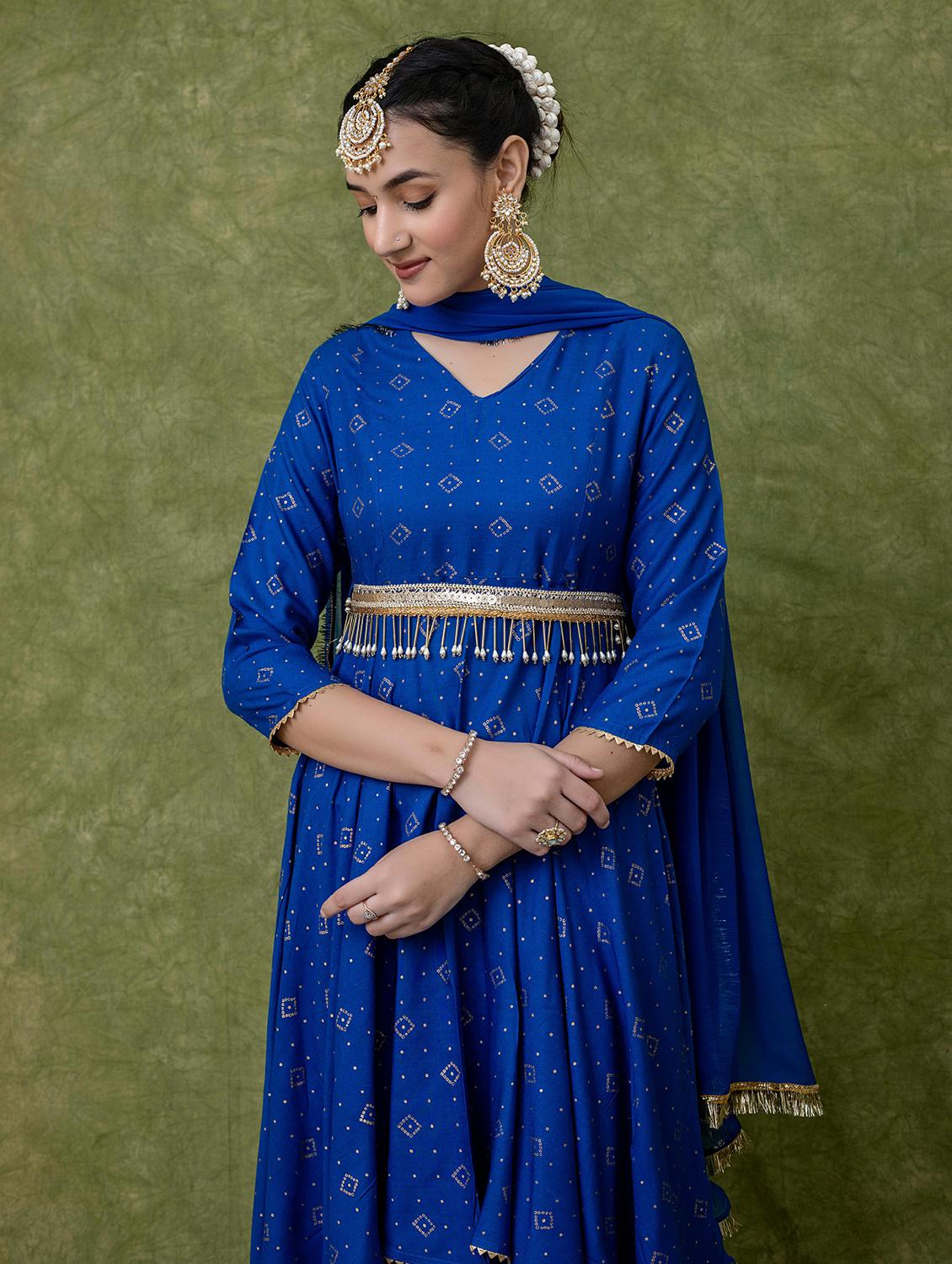 women blue printed three quarter sleeve suit set - 21638548 - Standard Image - 4