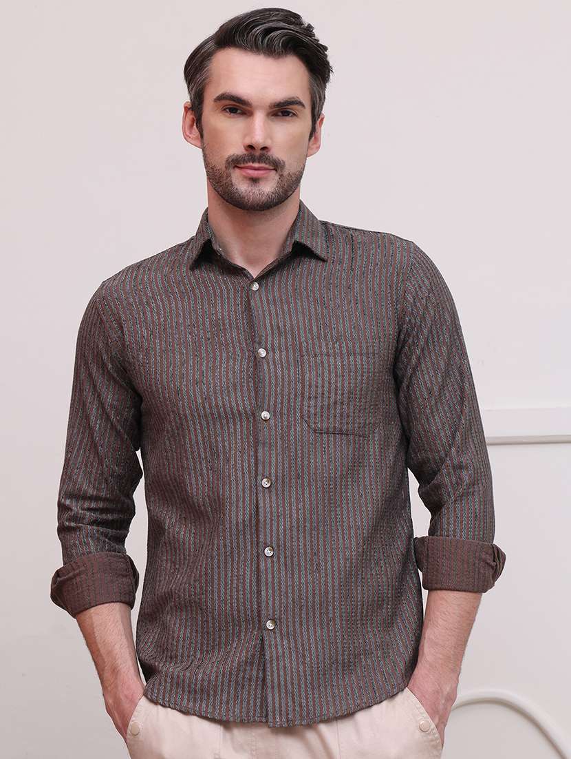 men regular fit striped casual shirt with single pocket