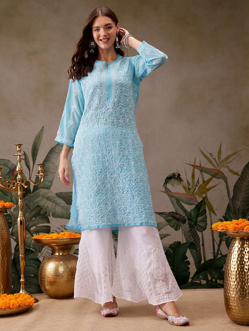 blue kurta palazzo set women three three quarter sleeve kurta palazzo set  - 21638665 -  Standard Image - 1