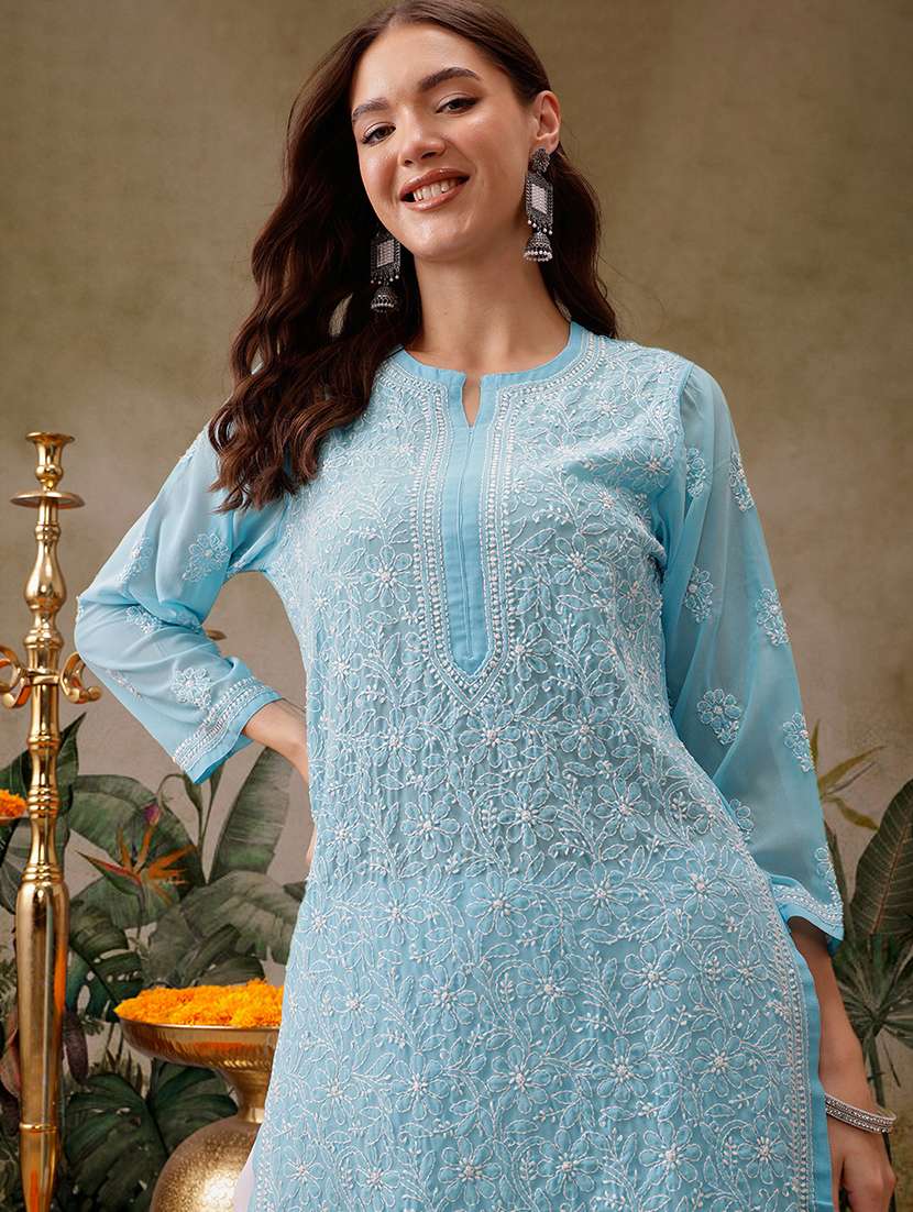 blue kurta palazzo set women three three quarter sleeve kurta palazzo set  - 21638665 -  Standard Image - 4