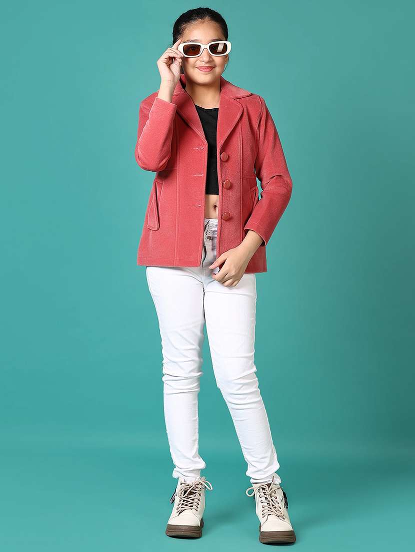girls solid lapel collar long sleeve coat - 21638811 - Standard Image - 4