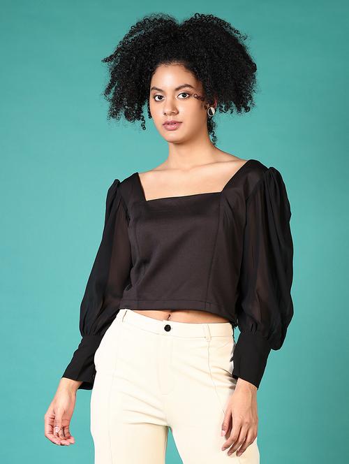 women black solid long sleeve crop top - 21638817 -  Standard Image - 0