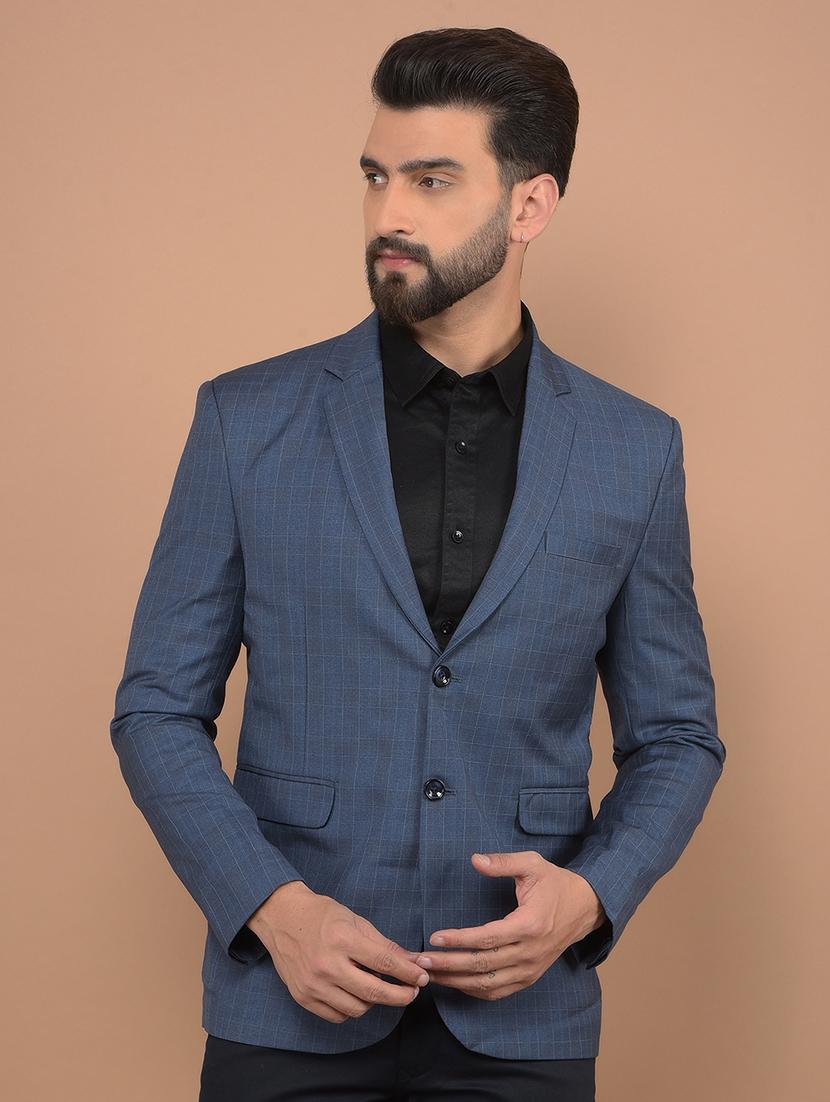 men blue checkered single breasted casual blazer - 21639072 - Zoom Image - 0