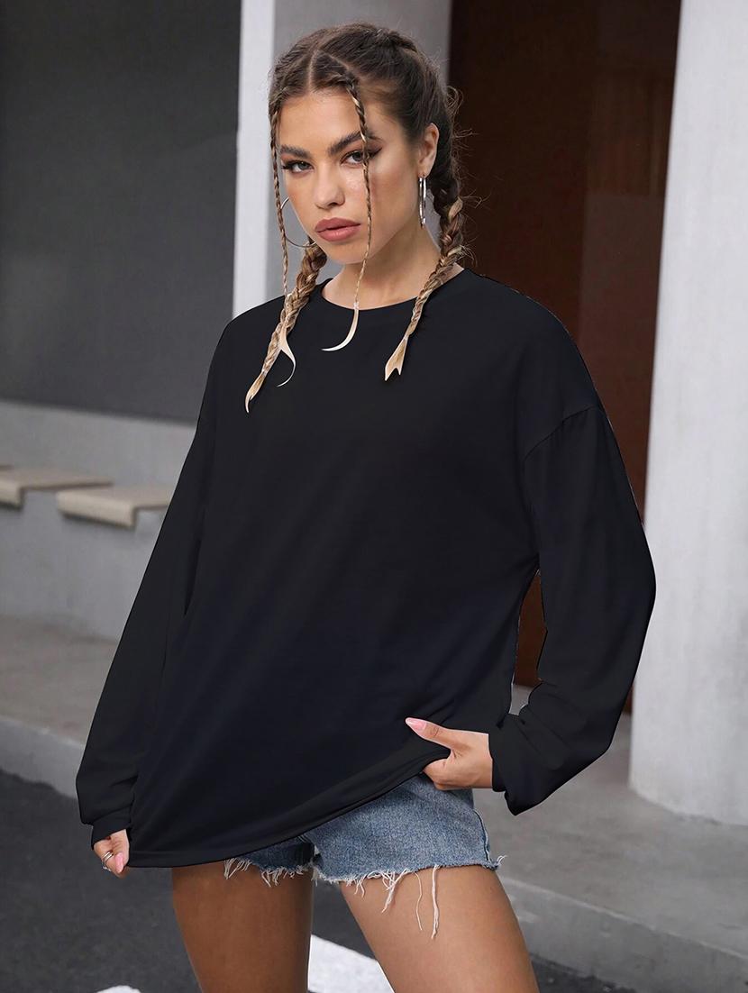 women plain long sleeves oversized t-shirt - 21639091 -  Standard Image - 1