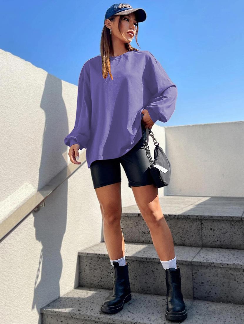 women plain long sleeves oversized t-shirt - 21639093 - Standard Image - 4
