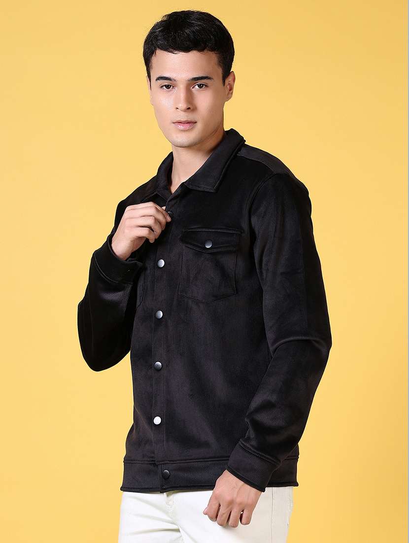 men black solid long sleeve shacket - 21639298 -  Standard Image - 1