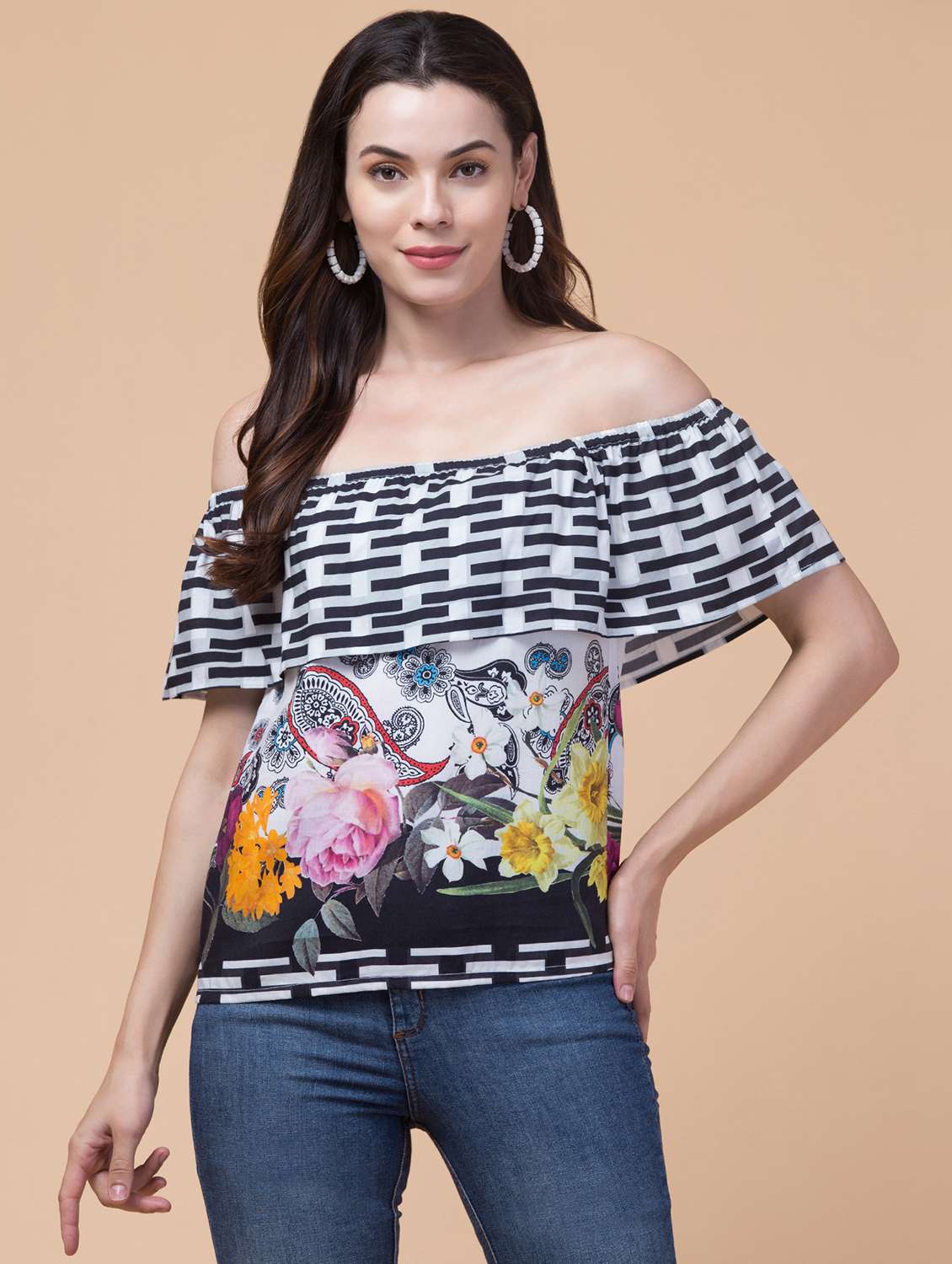 women printed off shoulder straight top - 21639583 - Standard Image - 4