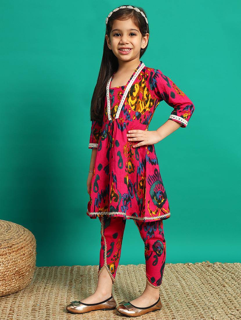 girls printed v neck dhoti kurta set - 21639738 -  Standard Image - 1