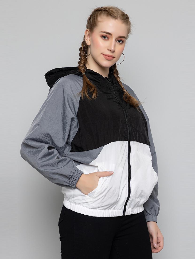 women oversized color block hood neck jacket - 21640073 - Standard Image - 1