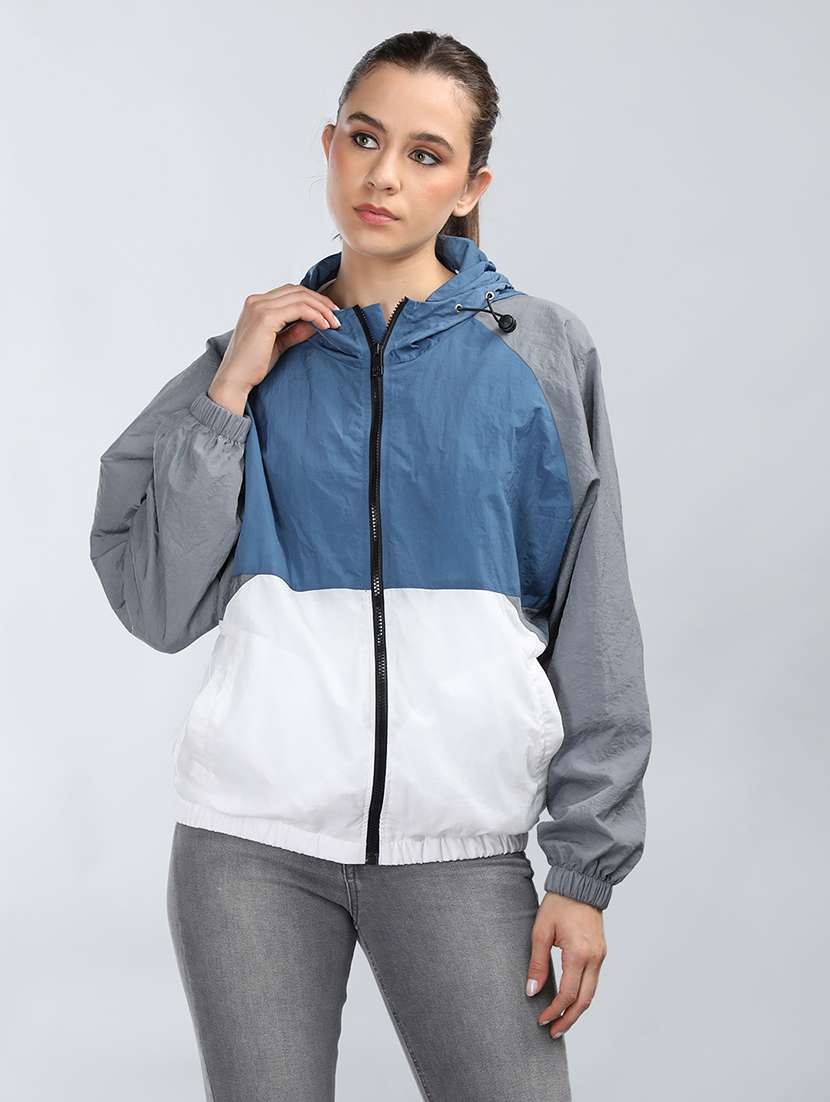 women oversized color block hood neck jacket