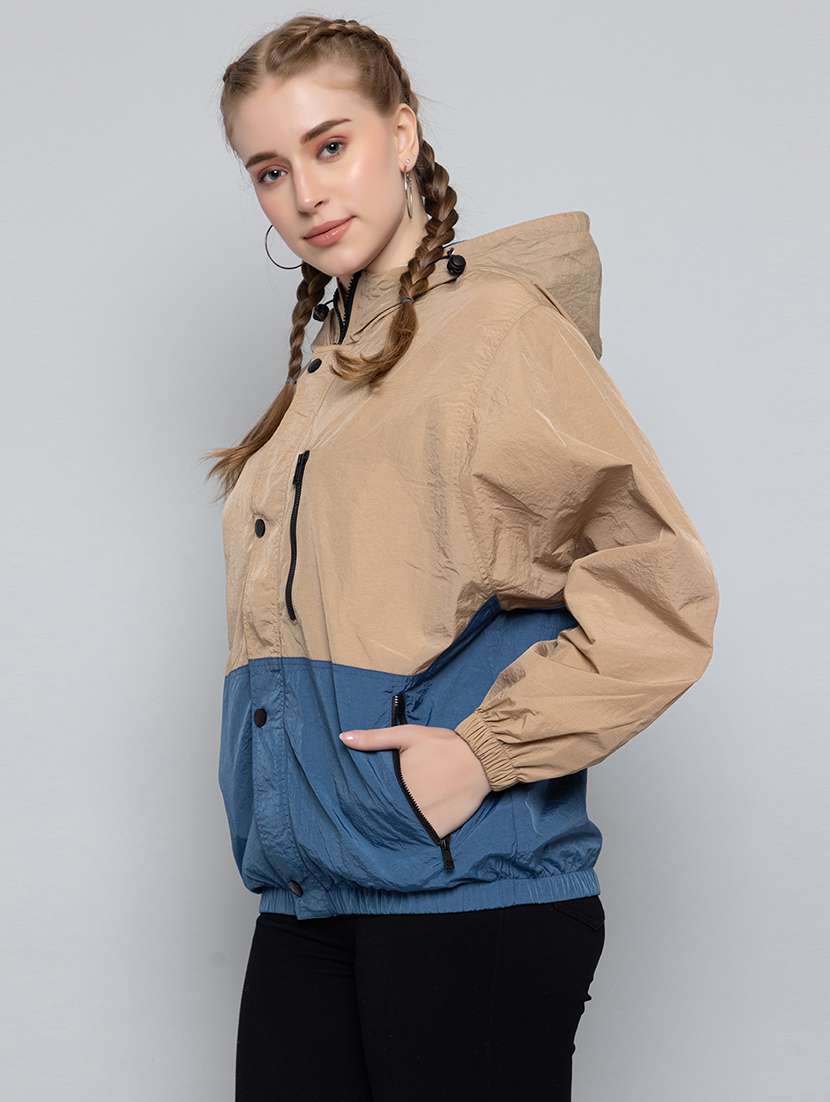women oversized color block hood neck jacket - 21640076 -  Standard Image - 1