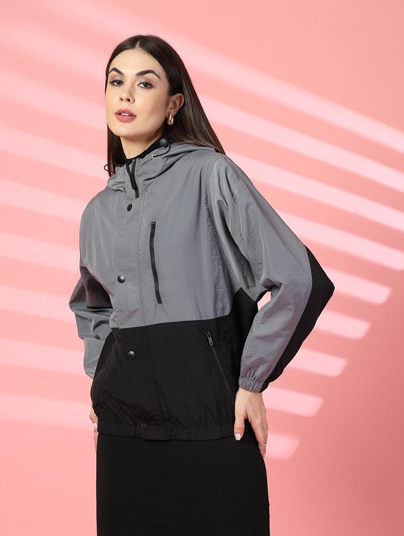 women oversized color block hood neck jacket - 21640077 - Standard Image - 1