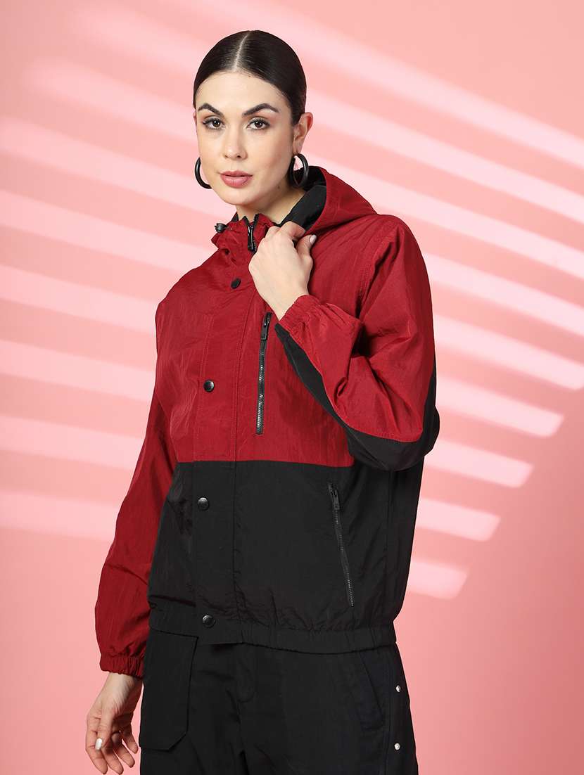 women oversized color block hood neck jacket - 21640078 - Standard Image - 1