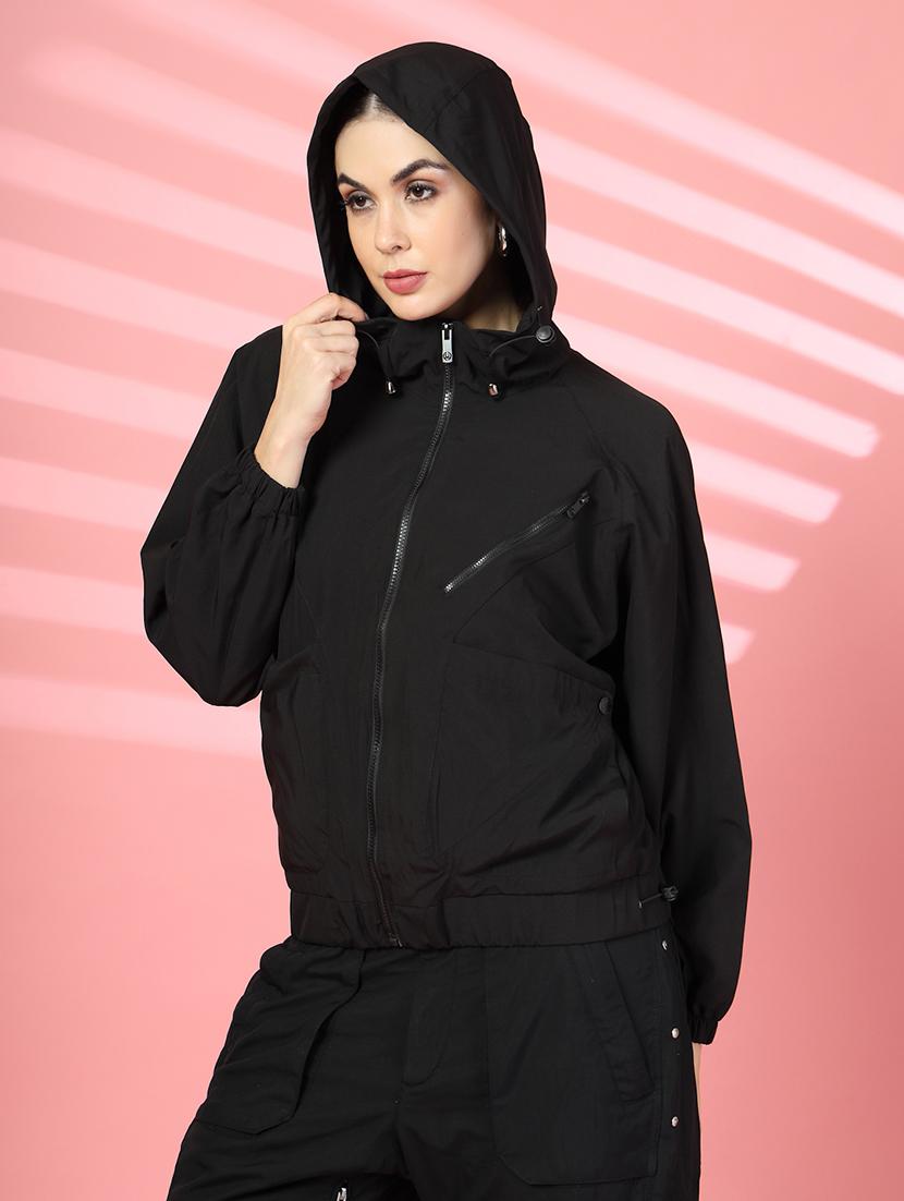 women plain long sleeve & hood neck jacket - 21640079 -  Standard Image - 1