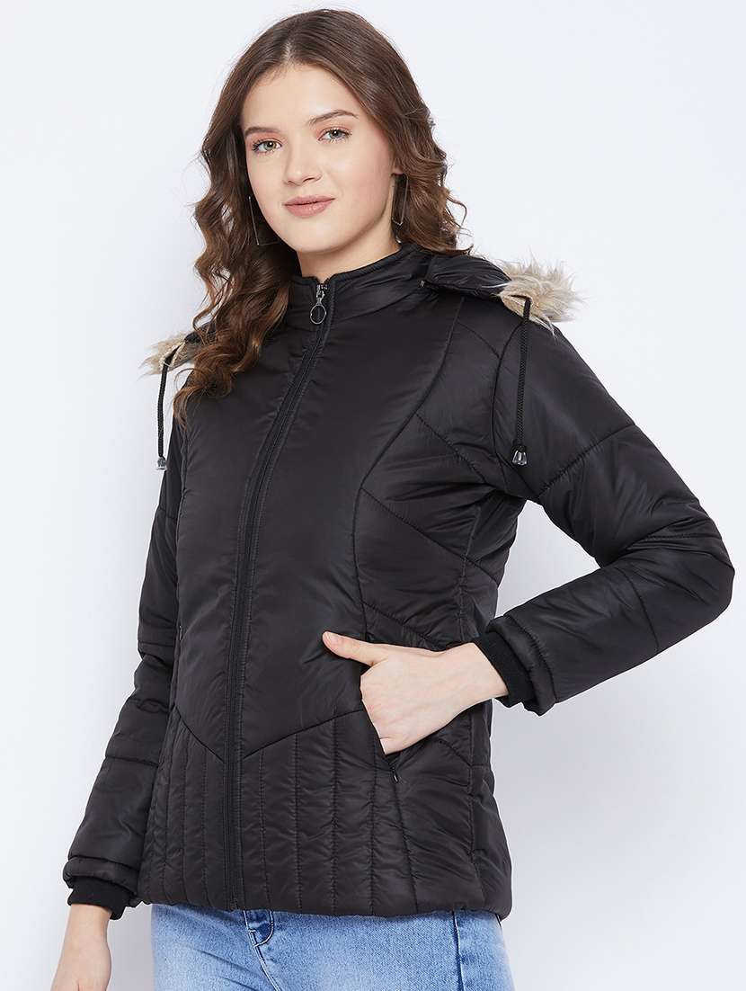 women plain hood neck & long sleeve quilted jacket - 21640825 -  Standard Image - 1