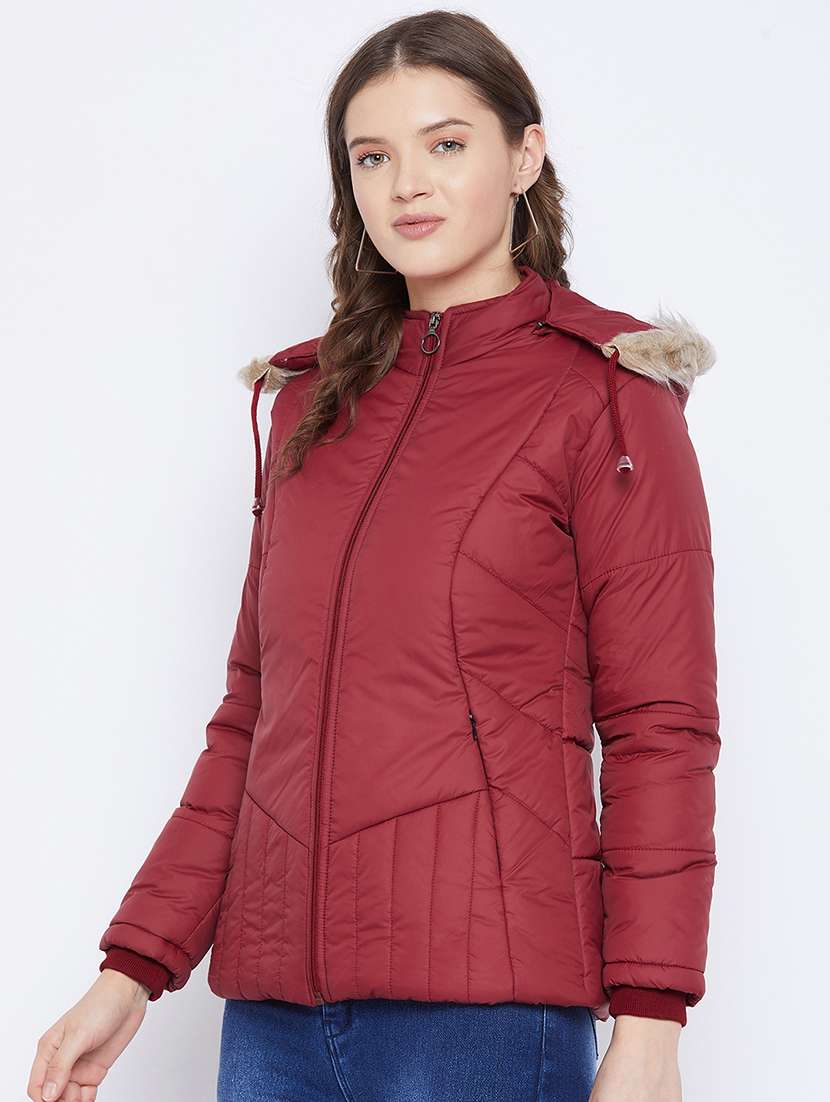 women plain hood neck & long sleeve quilted jacket - 21640826 -  Standard Image - 1