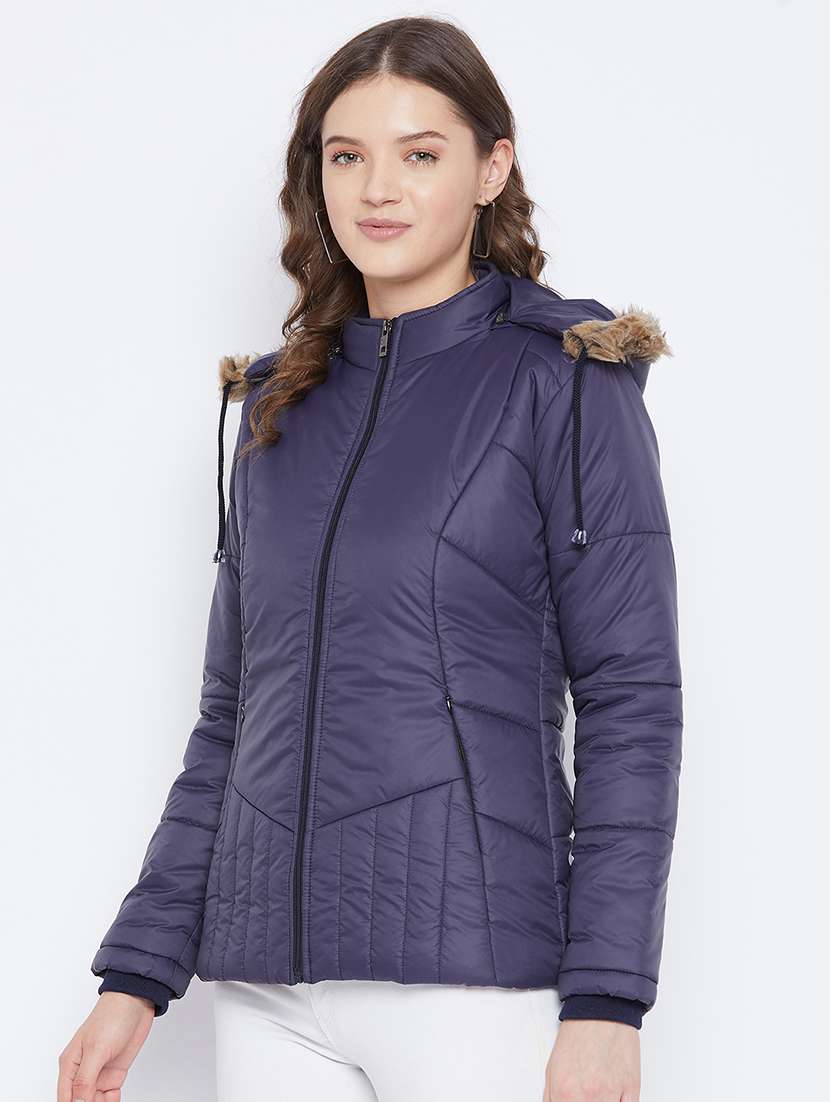 women plain hood neck & long sleeve quilted jacket - 21640828 -  Standard Image - 1