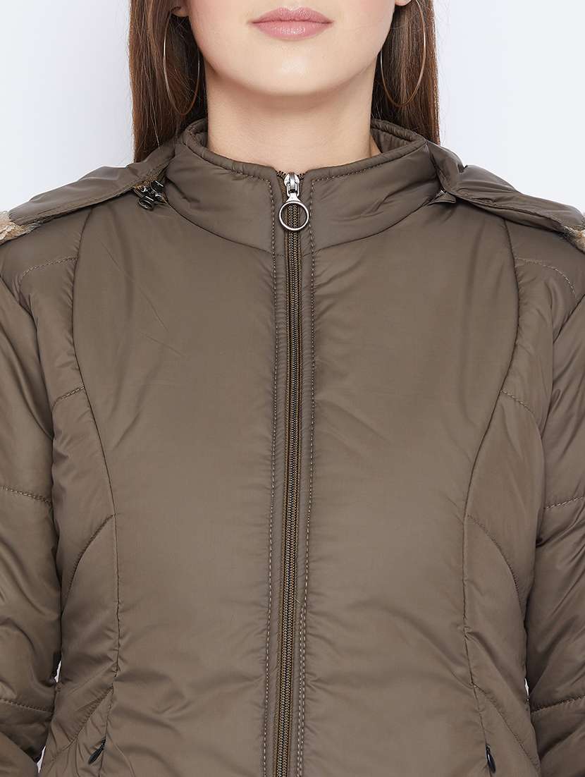 women plain hood neck & long sleeve quilted jacket - 21640829 -  Standard Image - 4