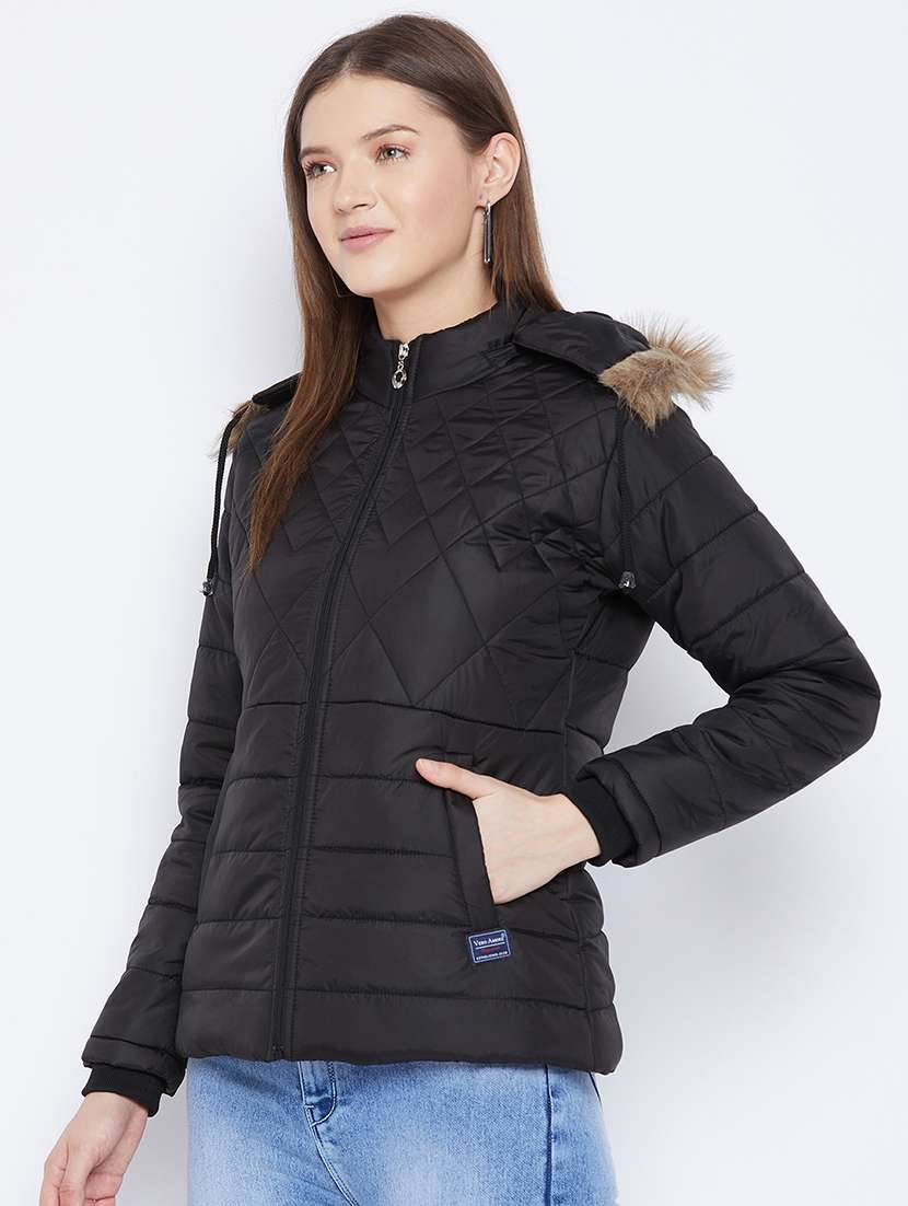 women plain hood neck & long sleeve quilted jacket - 21640831 -  Standard Image - 1