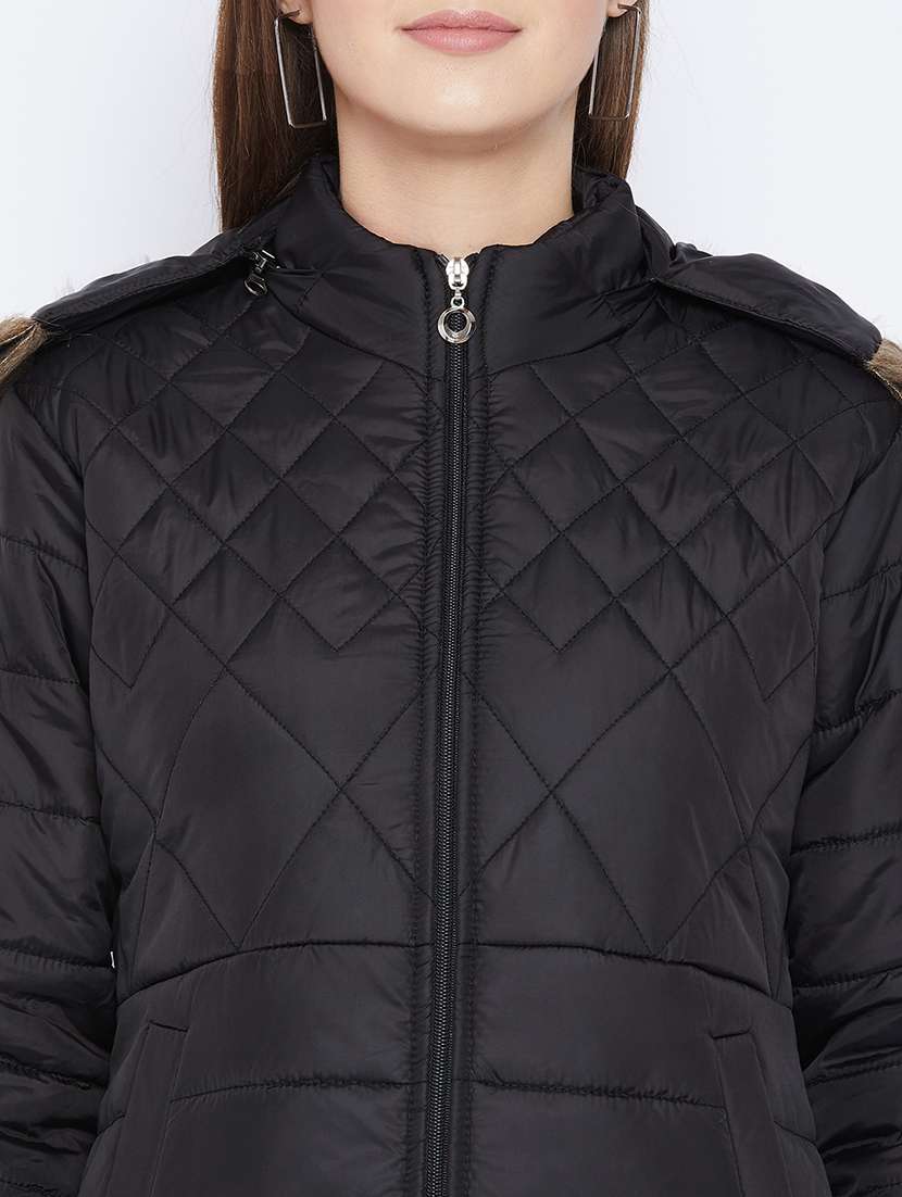 women plain hood neck & long sleeve quilted jacket - 21640831 -  Standard Image - 4