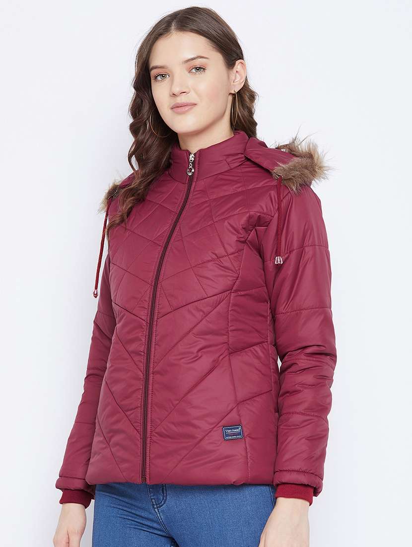 women plain hood neck & long sleeve quilted jacket - 21640839 -  Standard Image - 1