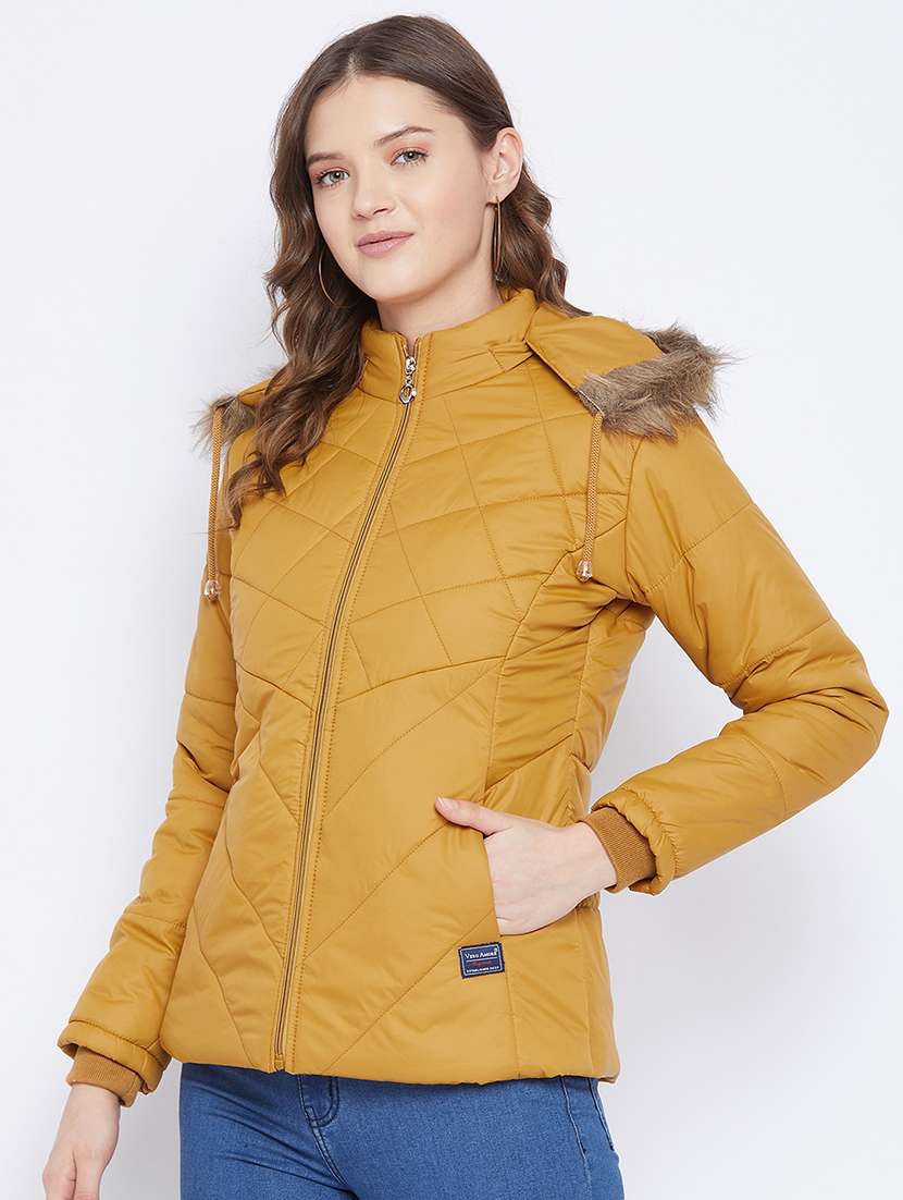 women plain hood neck & long sleeve quilted jacket - 21640840 -  Standard Image - 1