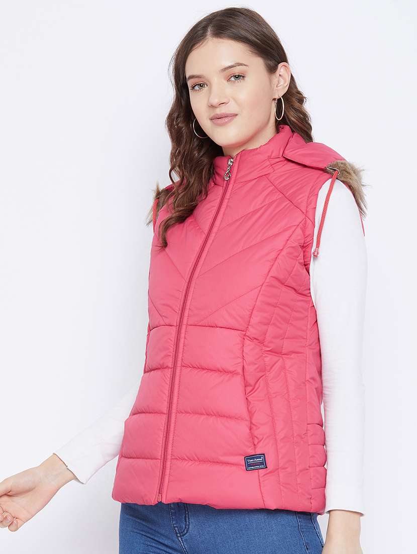 women plain hood neck & sleeveless quilted jacket - 21640858 -  Standard Image - 1