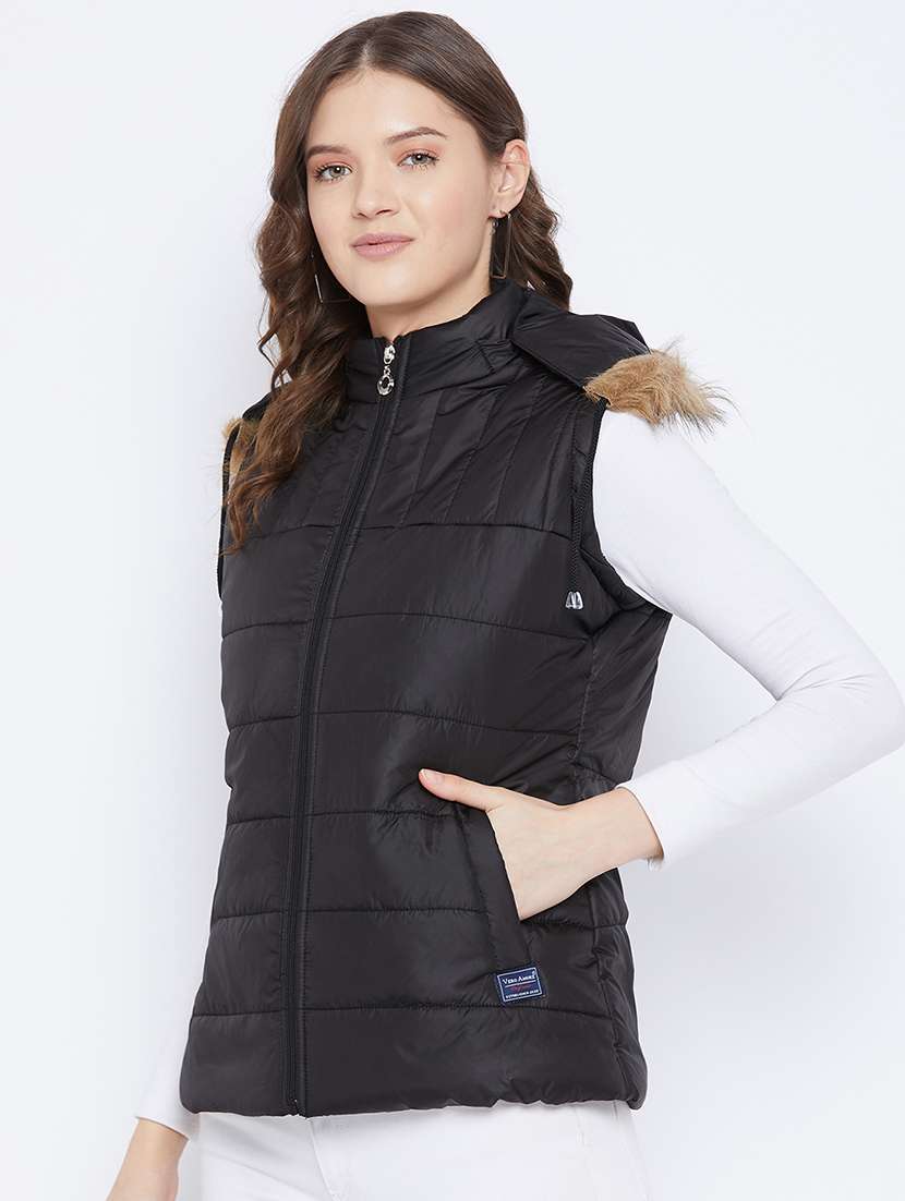 women plain hood neck & sleeveless quilted jacket - 21640859 -  Standard Image - 1