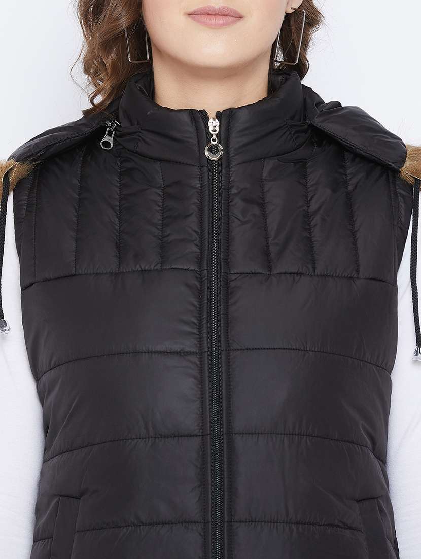 women plain hood neck & sleeveless quilted jacket - 21640859 -  Standard Image - 4
