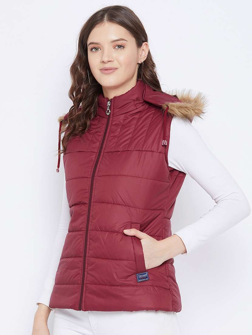 women plain hood neck & sleeveless quilted jacket - 21640860 -  Standard Image - 1