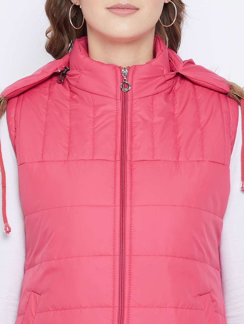 women plain hood neck & sleeveless quilted jacket - 21640862 -  Standard Image - 4