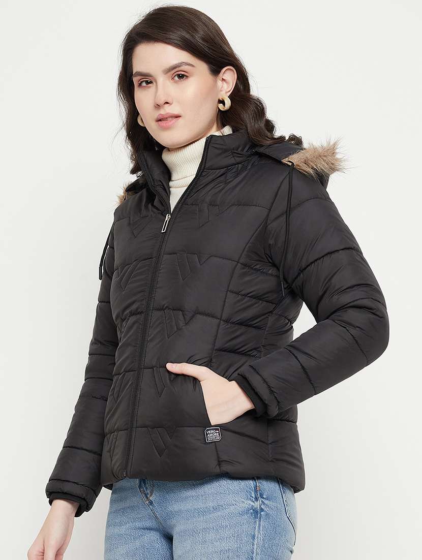 women plain hood neck & long sleeve quilted jacket - 21640863 -  Standard Image - 1