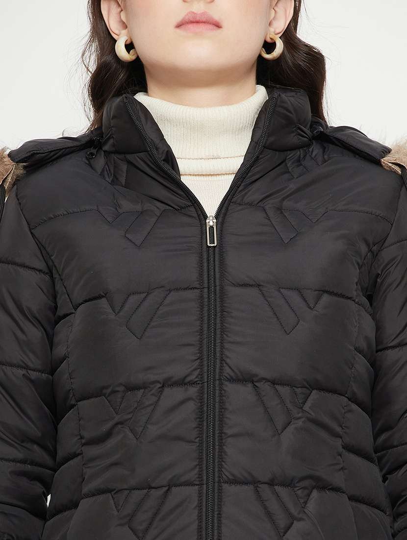 women plain hood neck & long sleeve quilted jacket - 21640863 -  Standard Image - 4