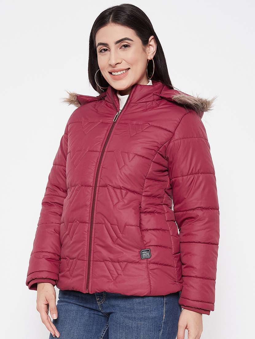 women plain hood neck & long sleeve quilted jacket - 21640866 -  Standard Image - 1