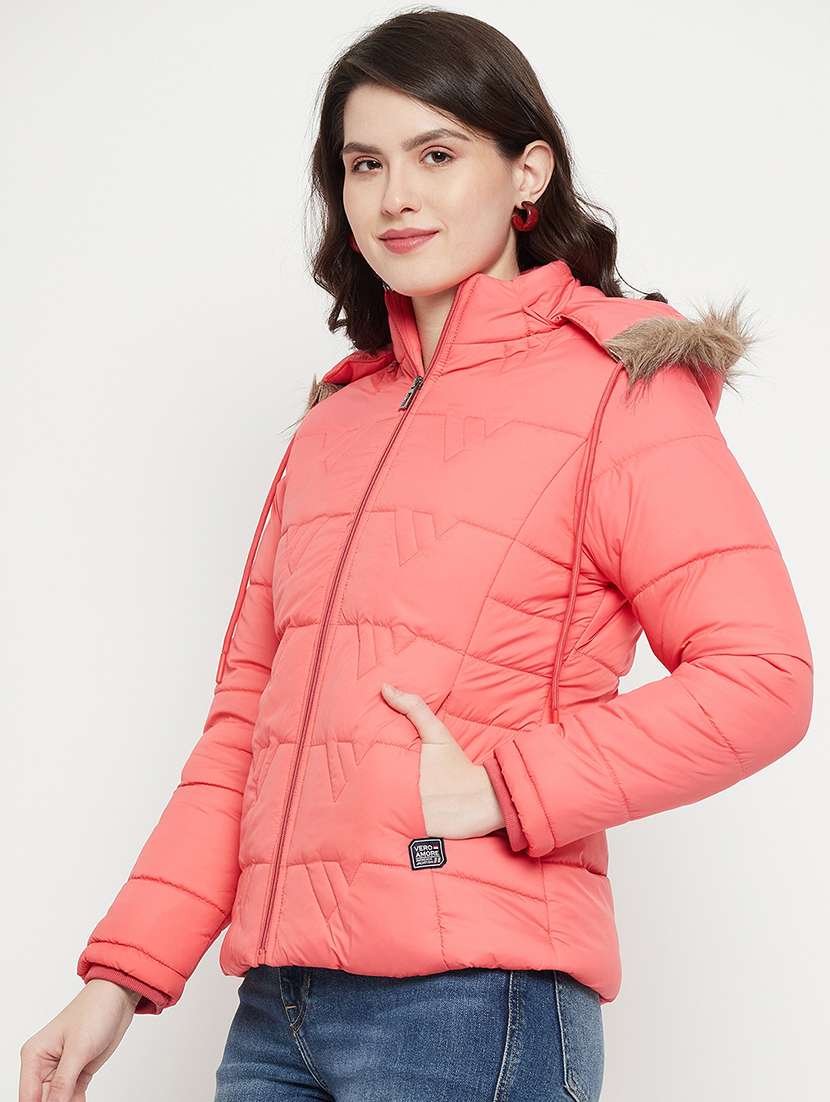 women plain hood neck & long sleeve quilted jacket - 21640867 -  Standard Image - 1