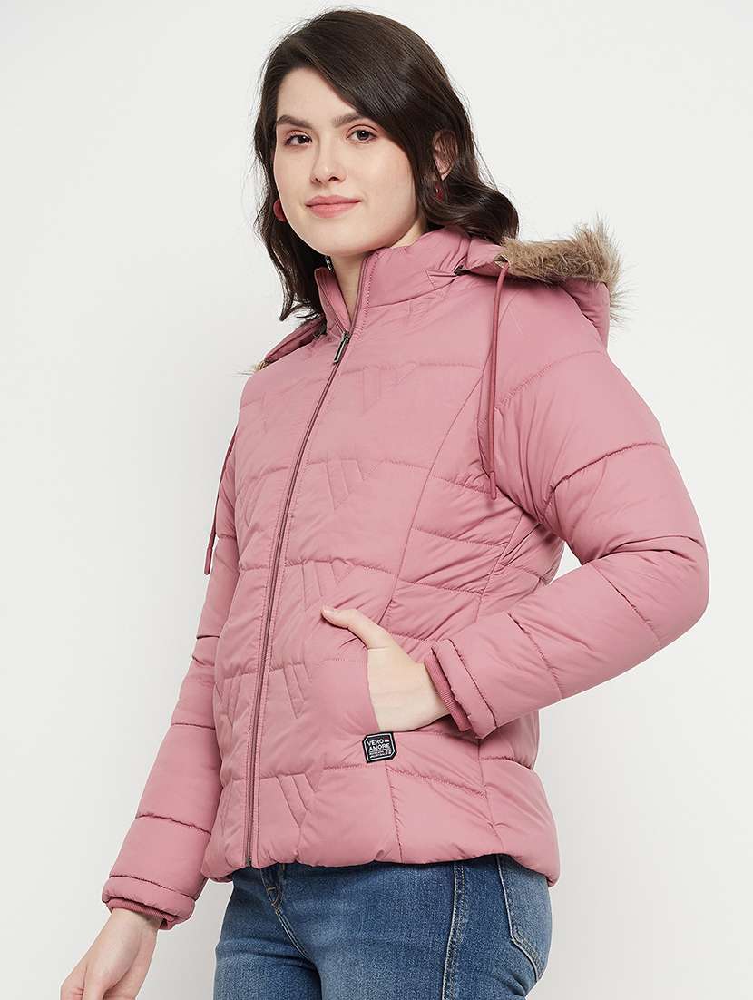 women plain hood neck & long sleeve quilted jacket - 21640869 -  Standard Image - 1